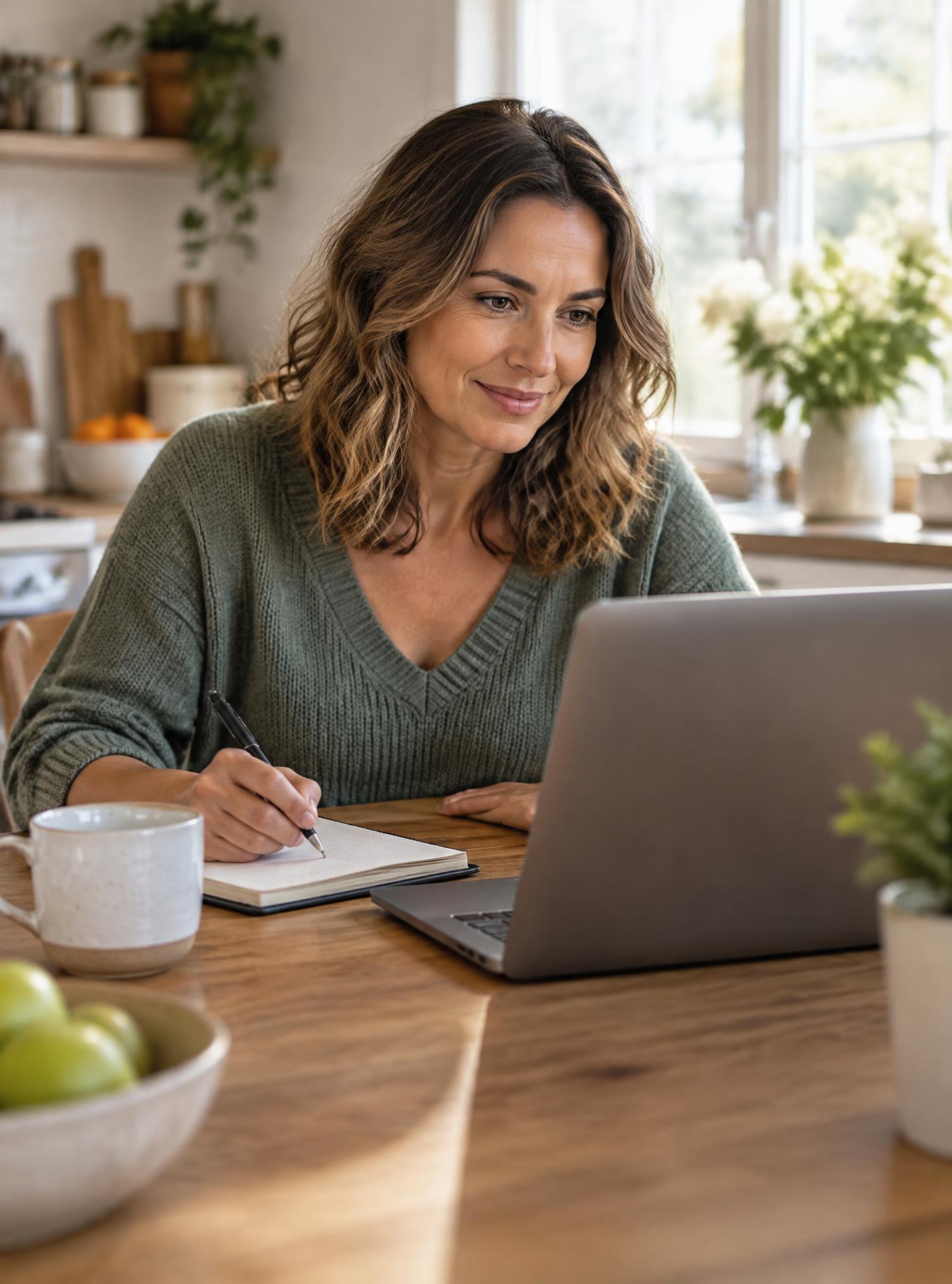 An adult student taking a live online class on a laptop at home